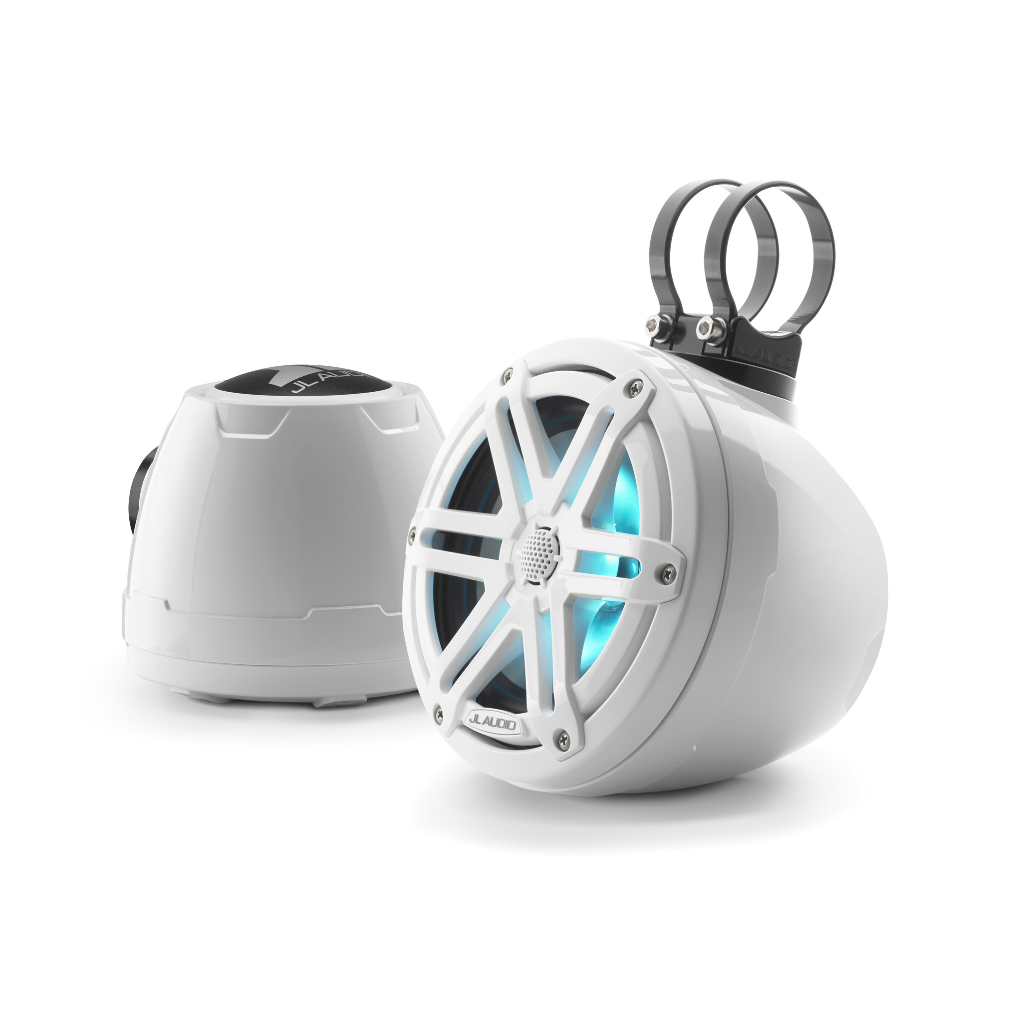 JL Audio M3 VeX Enclosed Speaker Pods Gloss White Grilles w/ RGB LEDs Pair
